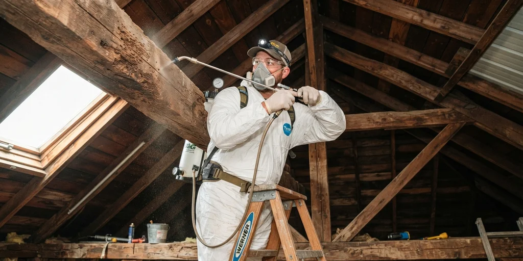 Técnico aplicando tratamiento específico en estructura de madera