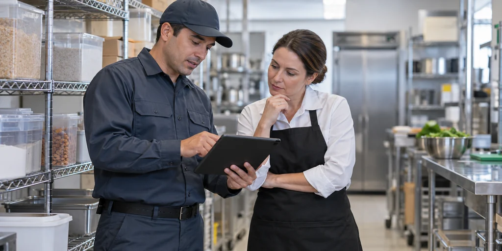 Responsable y técnico registrando en una tablet una incidencia de control de plagas