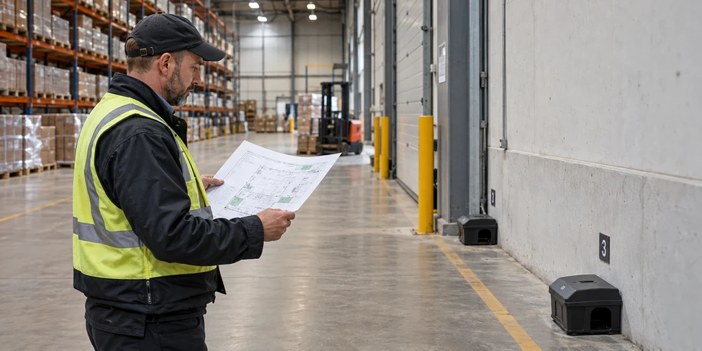 Técnico comparando un plano de instalaciones con estaciones de monitoreo en un almacén