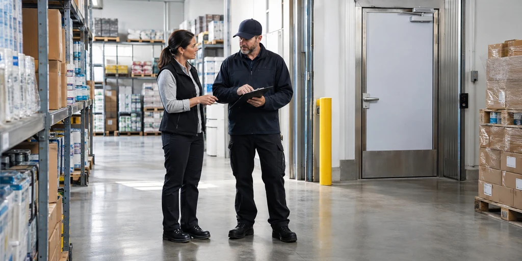 Responsable de almacén y técnico revisando juntos un checklist de control de plagas