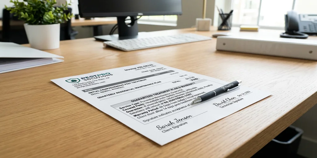 Contrato de tratamiento de plagas con garantía firmado sobre un escritorio
