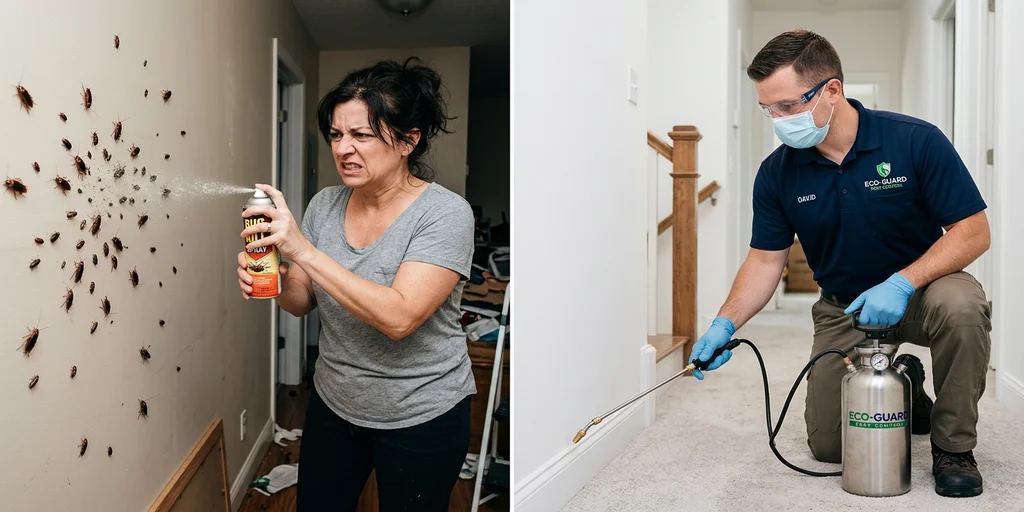 Comparativa entre persona usando spray casero sin éxito y técnico profesional aplicando tratamiento