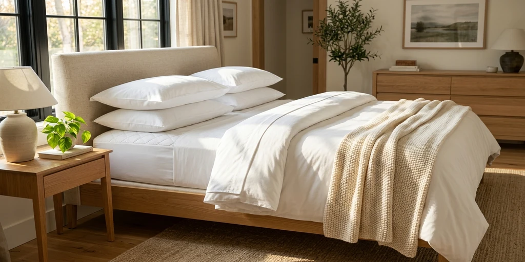 Cama impecable con ropa de cama limpia sobre funda protectora