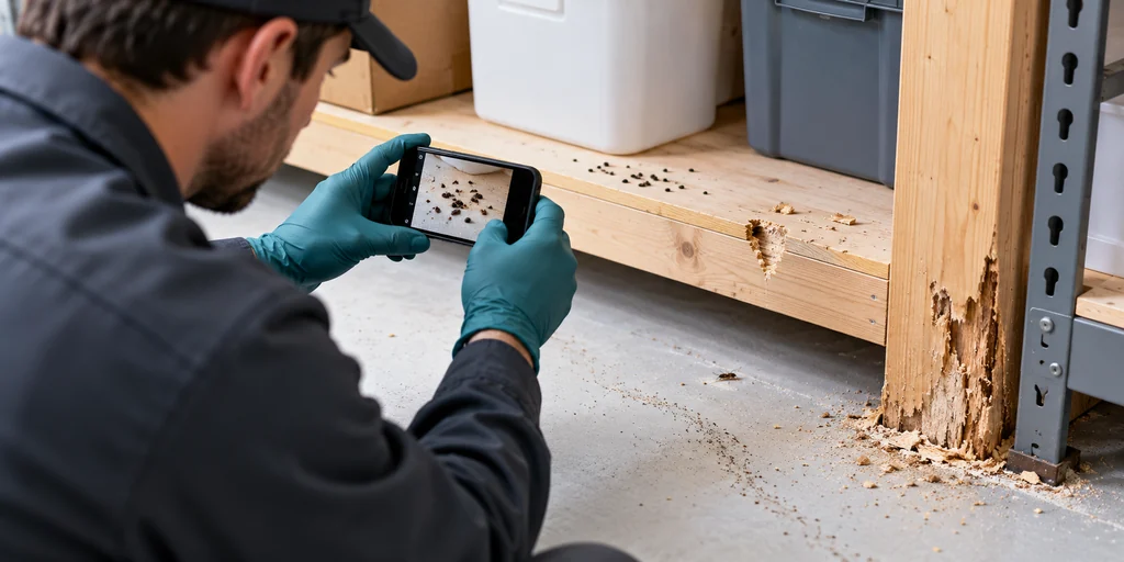 Técnico fotografiando indicios de roedores, insectos y daños en una zona de almacenamiento