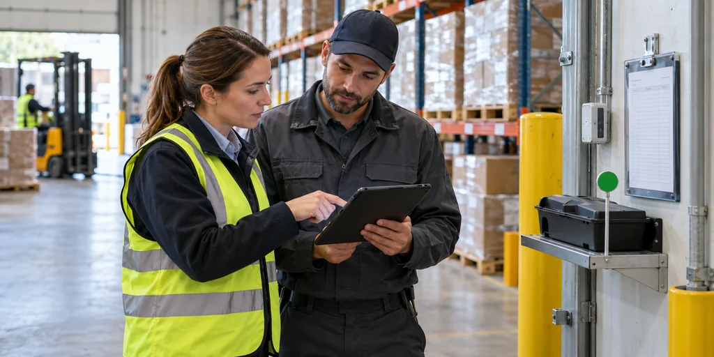 Responsable y técnico revisando en una tablet una incidencia de control de plagas cerrada