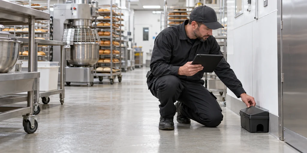 Técnico revisando un punto de monitoreo de roedores en una instalación alimentaria