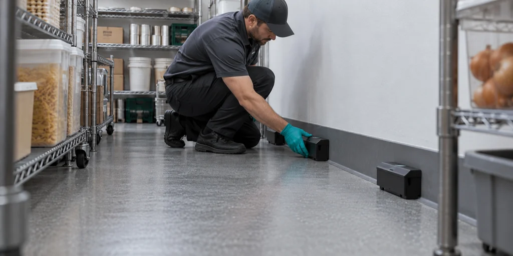 Técnico instalando estaciones discretas de monitoreo de roedores en una zona de almacenamiento