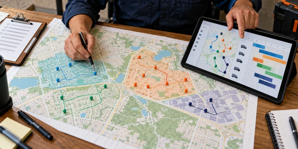 Coordinadora revisando zonas y datos de servicio para planificar visitas de control de plagas