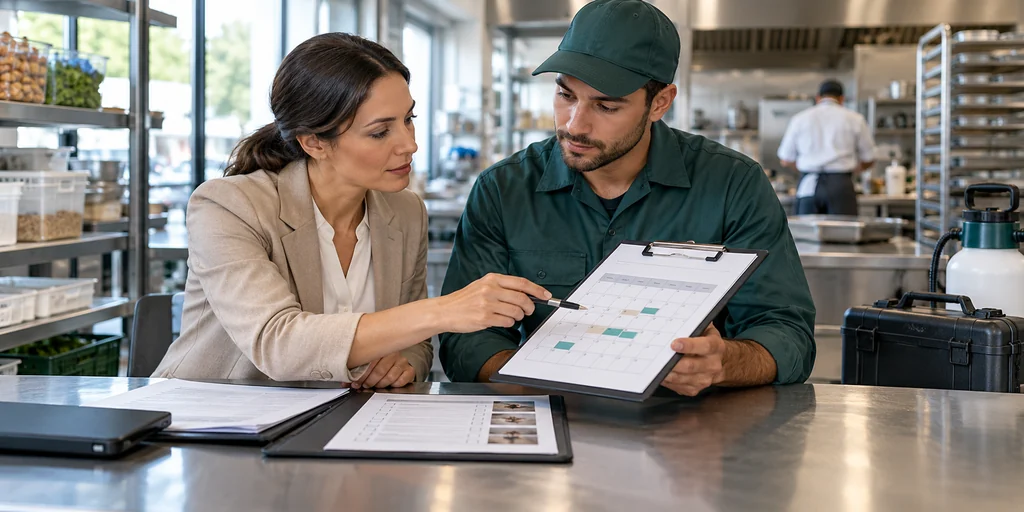 Responsable de un negocio y técnico revisando un calendario de control preventivo de plagas