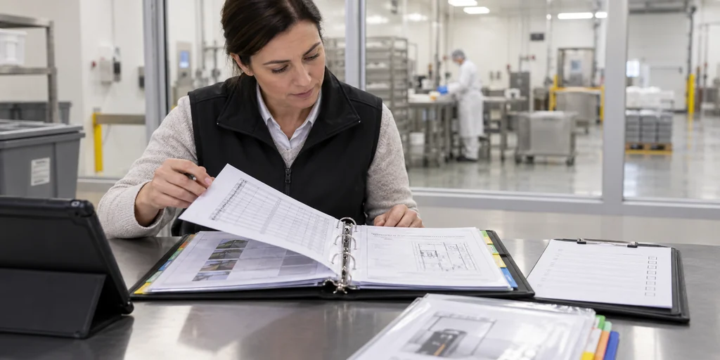 Responsable de calidad revisando un expediente de control de plagas en una instalación