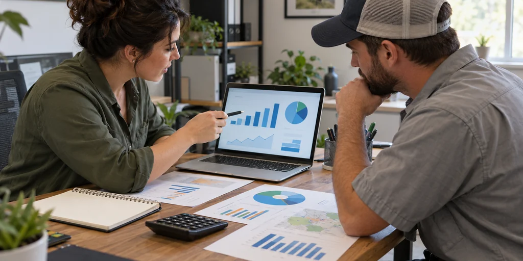 Profesionales analizando gráficos de resultados de marketing local para una empresa de control de plagas