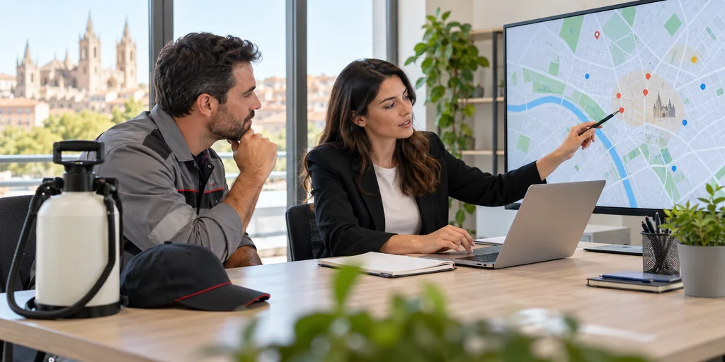 Profesionales revisando una estrategia de visibilidad local para una empresa de control de plagas