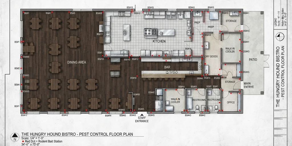 Plano arquitectónico de un local con puntos rojos marcando estaciones portacebos