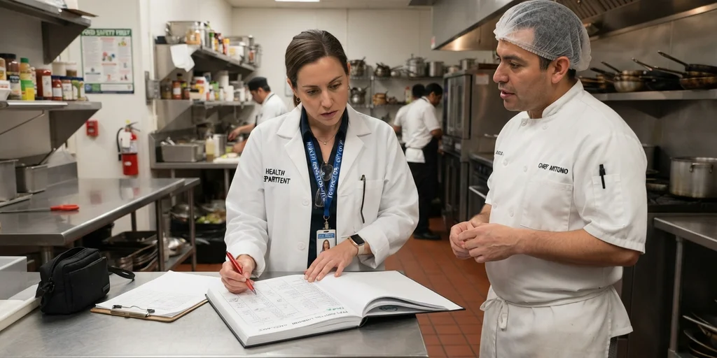Inspector de sanidad revisando un documento APPCC en la cocina de un restaurante