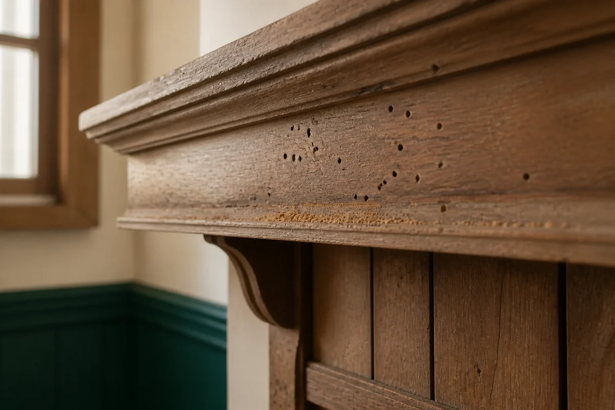 Pequeños orificios y serrín fino sobre madera antigua